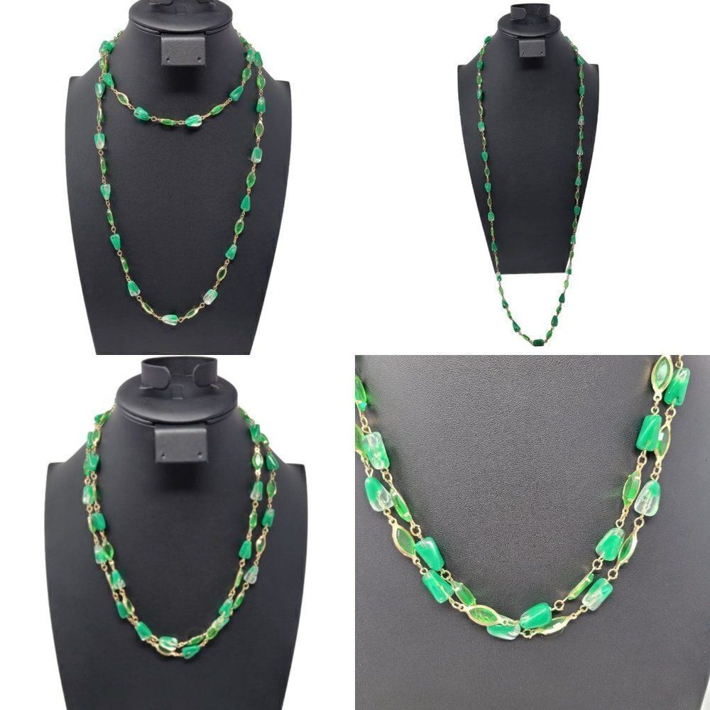 Vintage Flapper Necklace Gold Tone Resin Green Beaded Versatile‎ 45" Delicate